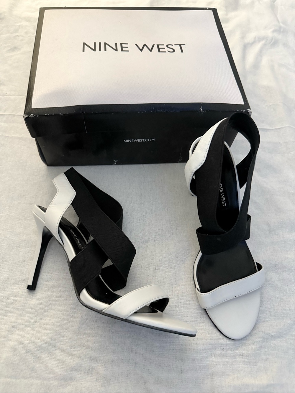 Nine West Black and White Crisscross Strappy Stiletto Sandals
